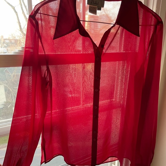 Sheer 90s 🌹long sleeve blouse - tall long arms big cuffs big lapel - Picture 2 of 5